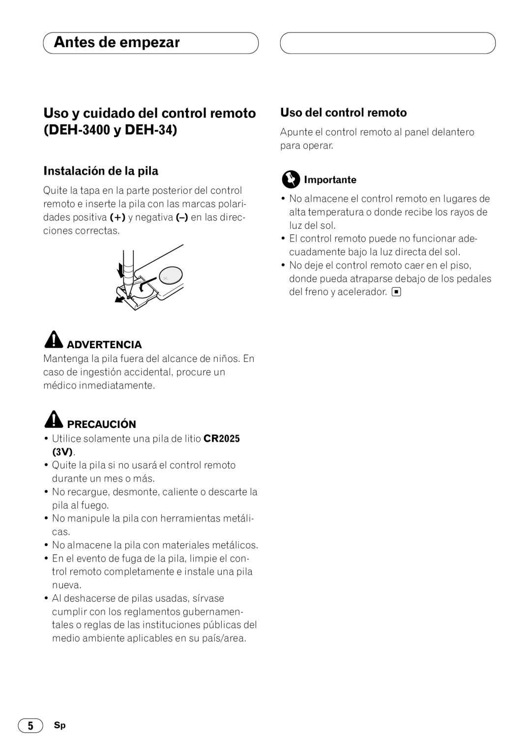 Pioneer Uso y cuidado del control remoto DEH-3400 y DEH-34, Instalación de la pila, Uso del control remoto 