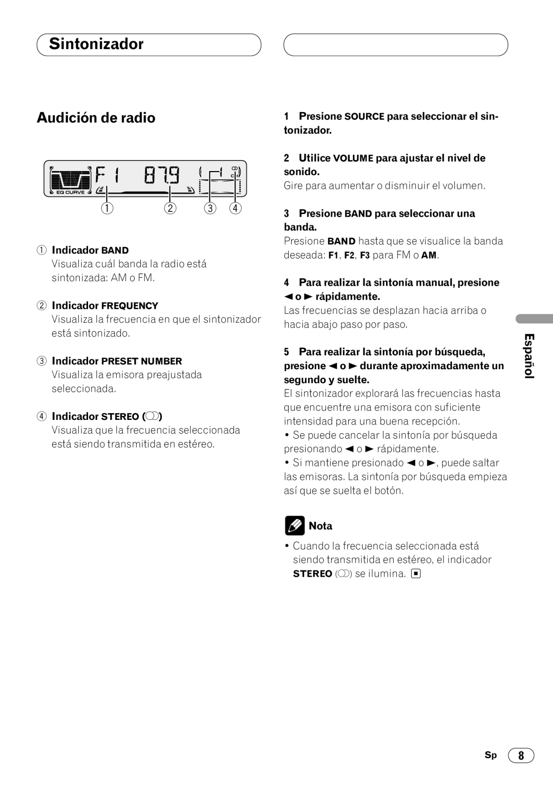 Pioneer DEH-3400 operation manual Sintonizador, Audición de radio 