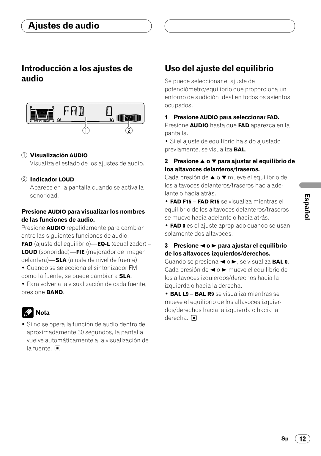 Pioneer DEH-3400 Ajustes de audio, Introducción a los ajustes de audio, Uso del ajuste del equilibrio, Visualización Audio 