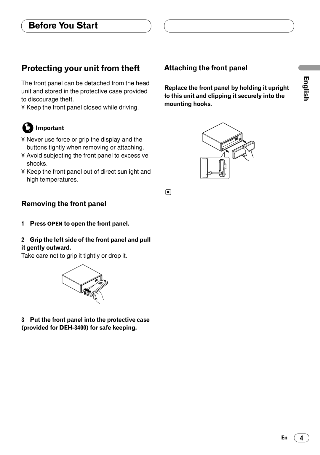 Pioneer DEH-3400 operation manual Protecting your unit from theft, Attaching the front panel, Removing the front panel 