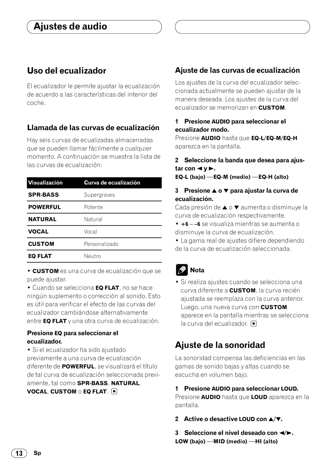 Pioneer DEH-3400 operation manual Uso del ecualizador, Ajuste de la sonoridad, Llamada de las curvas de ecualización 