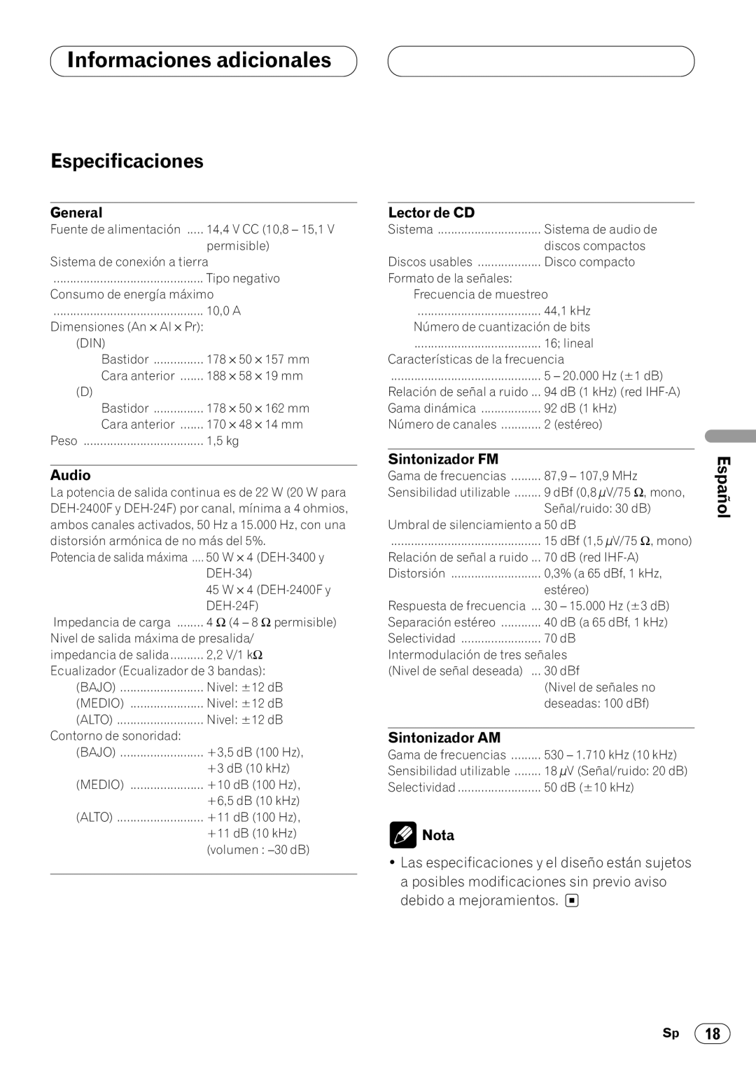 Pioneer DEH-3400 operation manual Especificaciones, General Lector de CD, Sintonizador FM, Sintonizador AM 