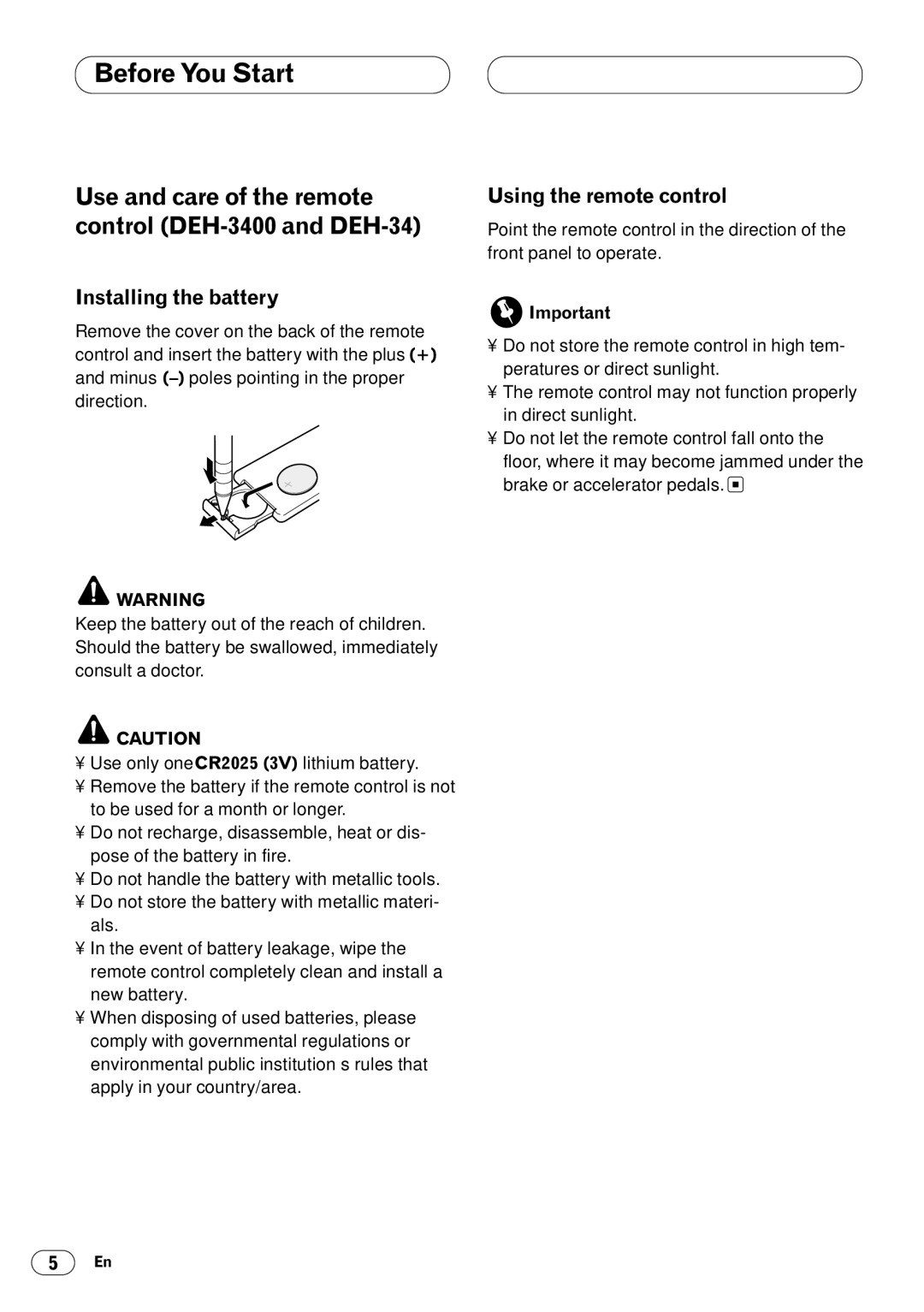 Pioneer DEH-3400 operation manual Installing the battery, Using the remote control 