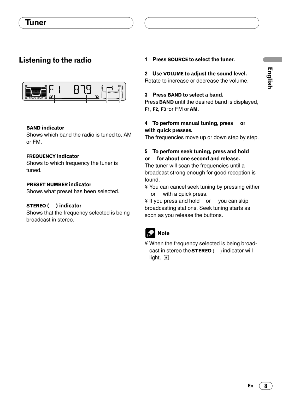 Pioneer DEH-3400 operation manual Tuner, Listening to the radio 