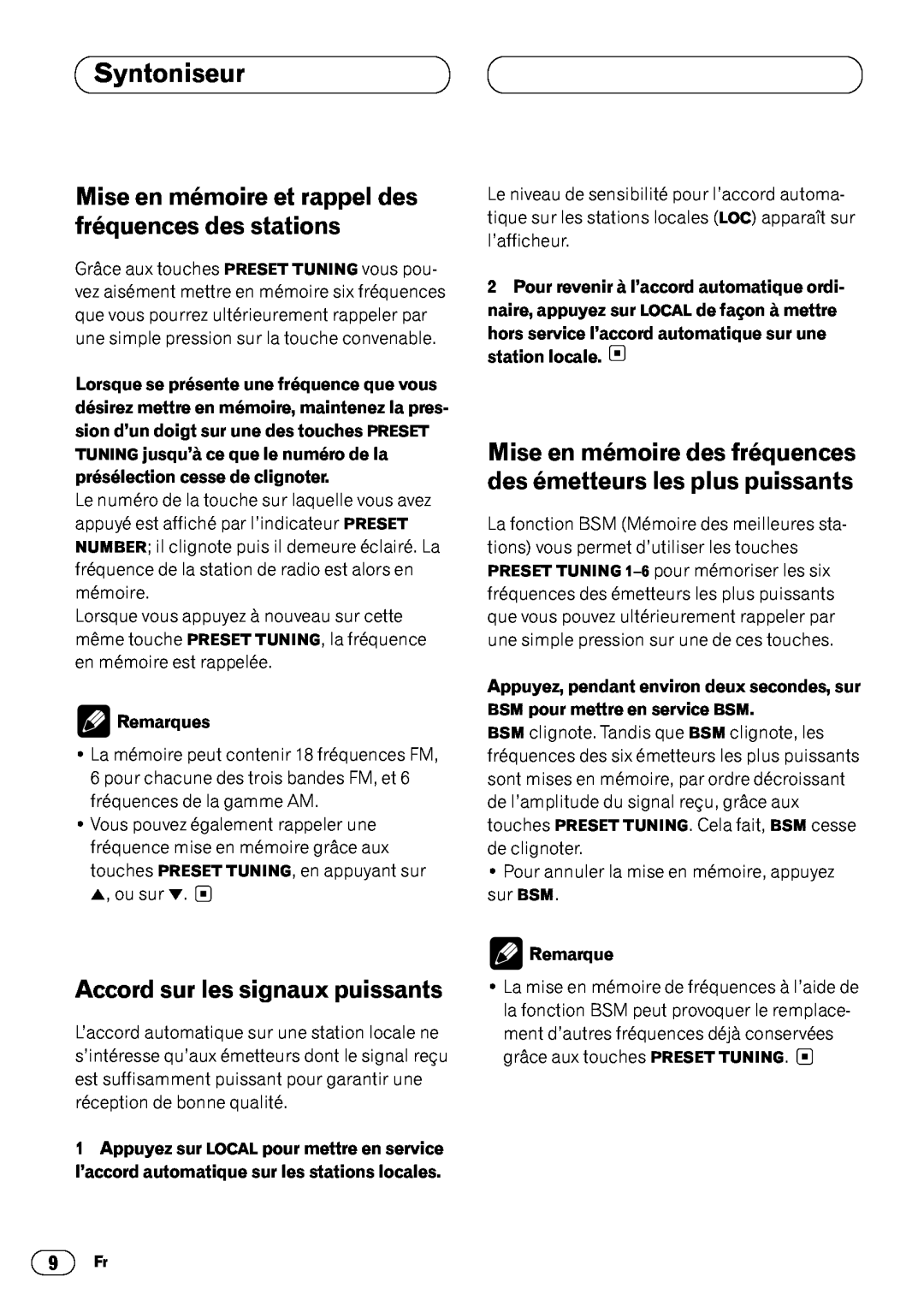 Pioneer DEH-3400 operation manual Accord sur les signaux puissants, Syntoniseur, Remarques 