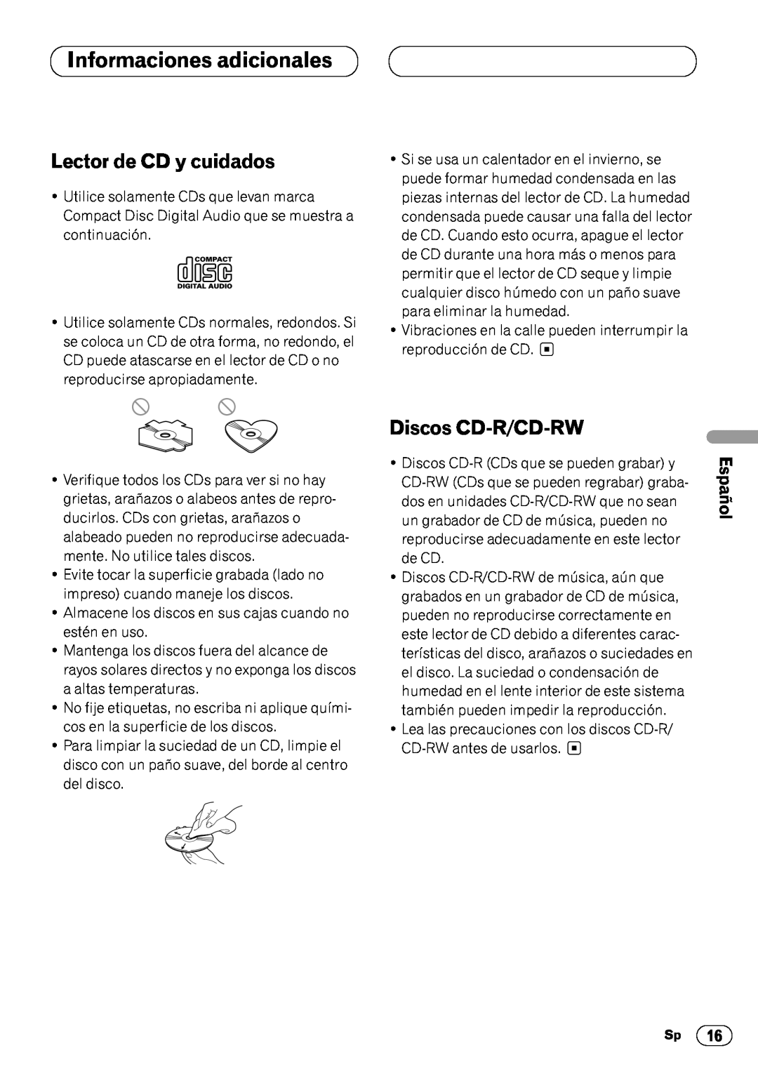 Pioneer DEH-3400 Informaciones adicionales, Lector de CD y cuidados, Discos CD-R/CD-RW, English Français, Español 