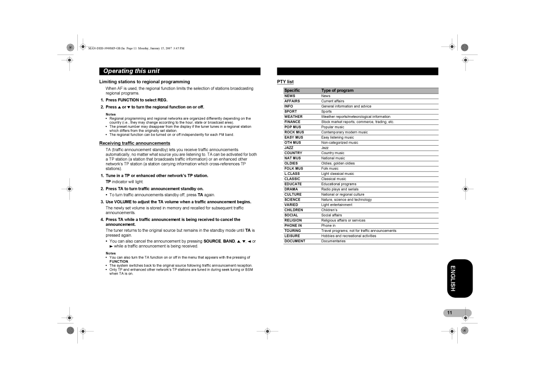 Pioneer DEH-3900MP operation manual Limiting stations to regional programming, Receiving traffic announcements, PTY list 