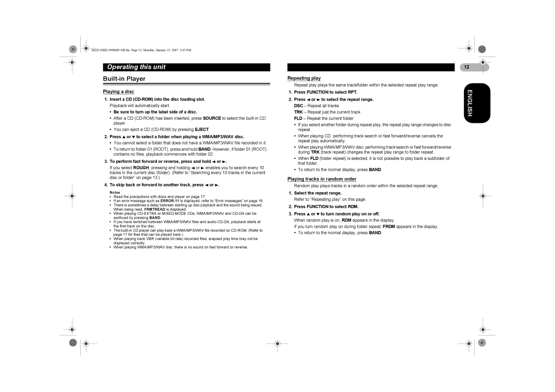 Pioneer DEH-3900MP operation manual Built-in Player, Playing a disc, Repeating play, Playing tracks in random order 