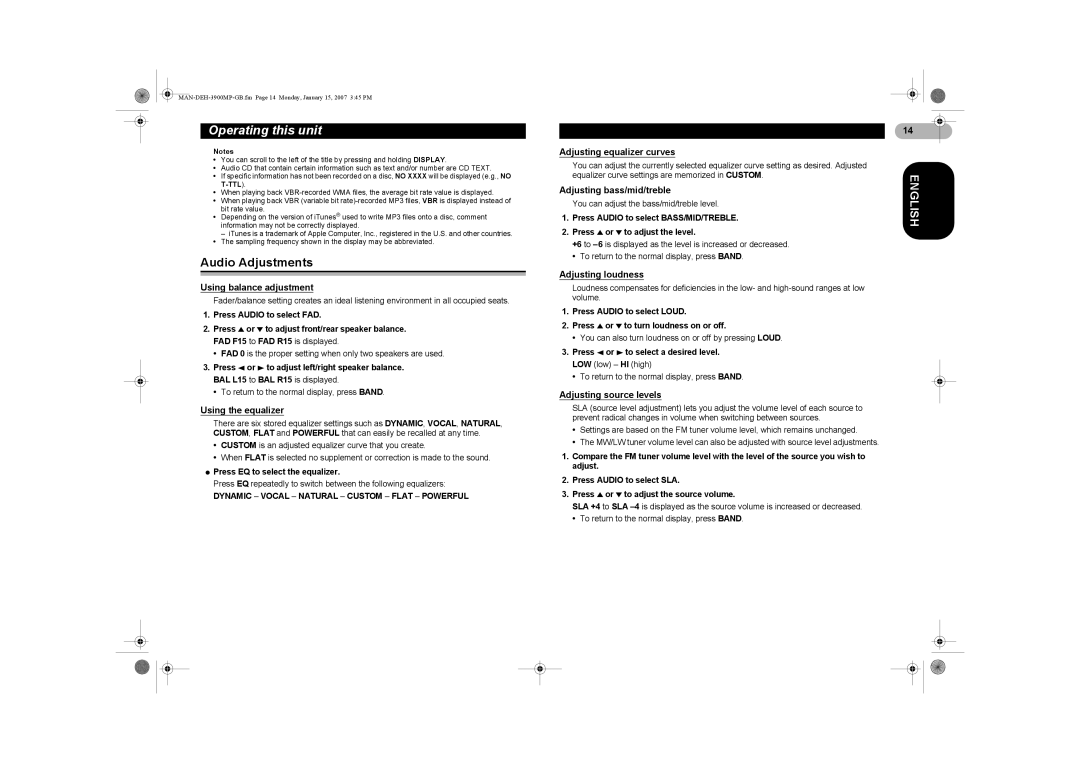 Pioneer DEH-3900MP operation manual Audio Adjustments 