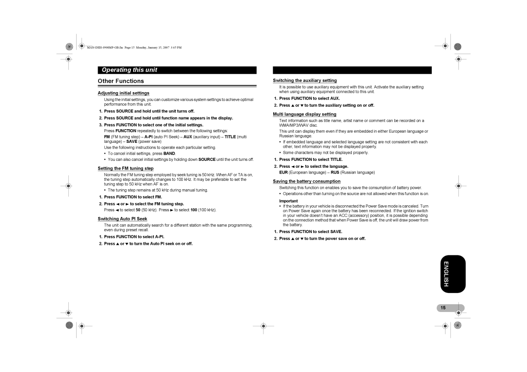 Pioneer DEH-3900MP operation manual Other Functions 