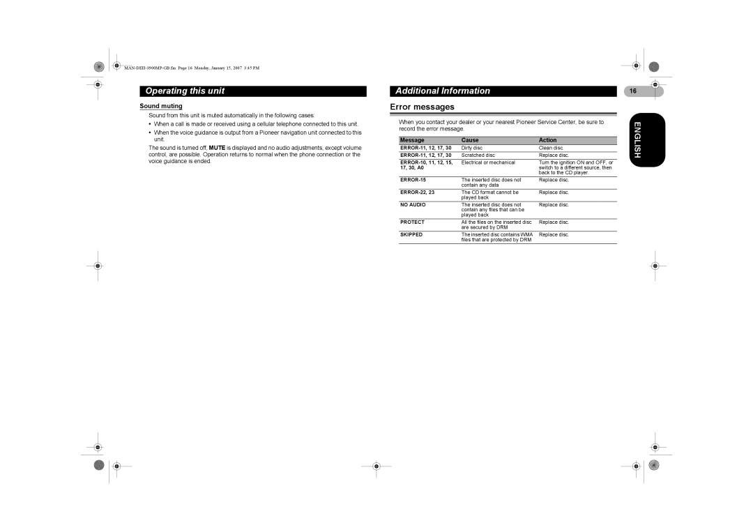 Pioneer DEH-3900MP operation manual Additional Information, Error messages, Sound muting 