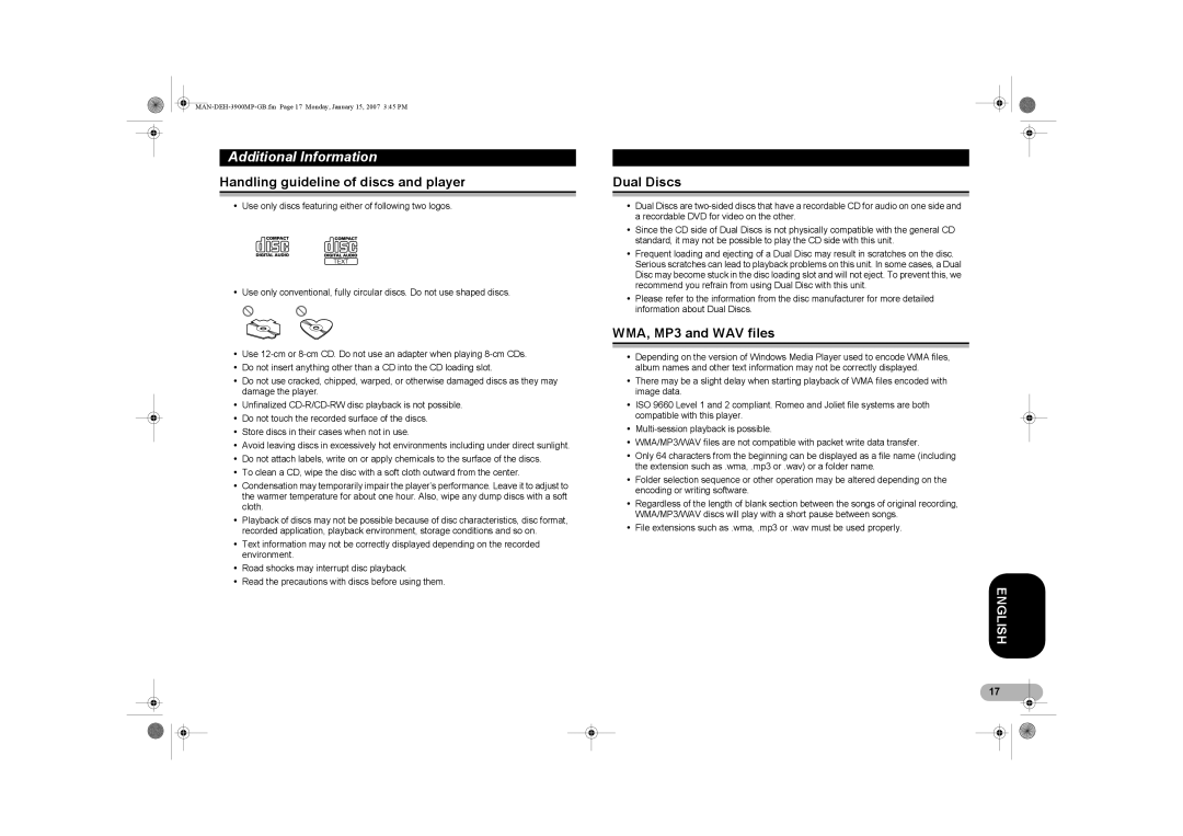 Pioneer DEH-3900MP operation manual Handling guideline of discs and player, Dual Discs, WMA, MP3 and WAV files 