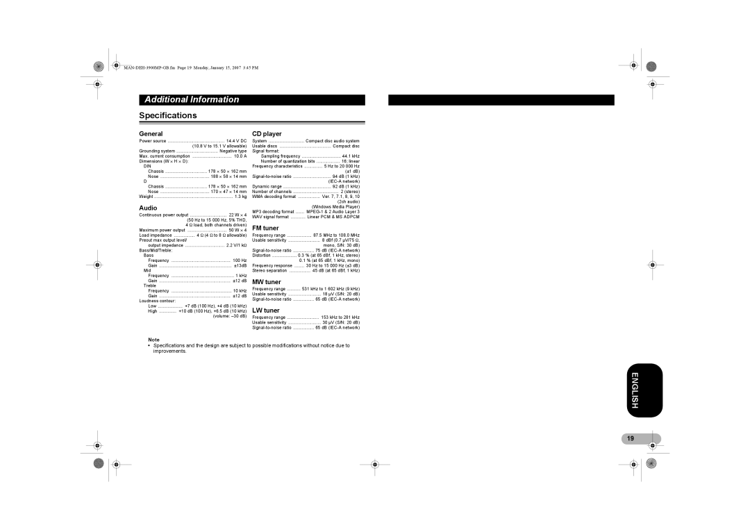 Pioneer DEH-3900MP operation manual Specifications 