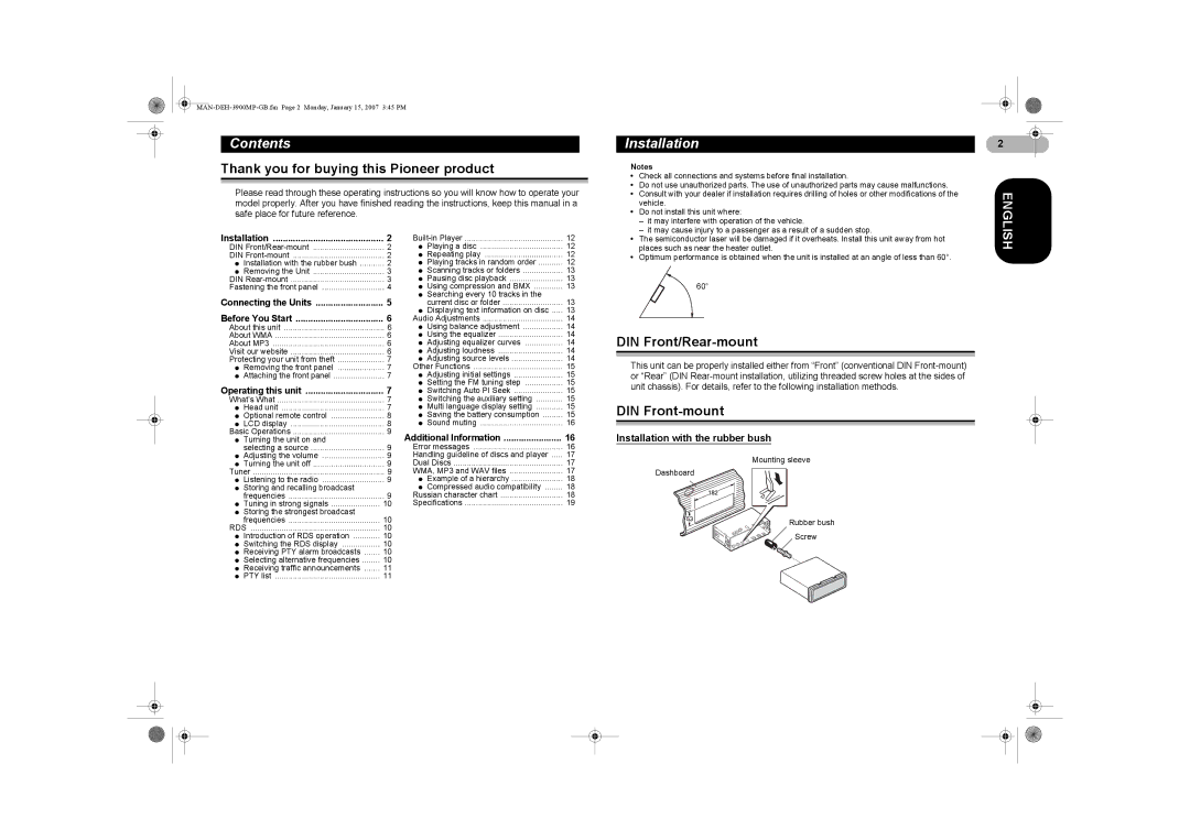 Pioneer DEH-3900MP operation manual Contents, Installation 