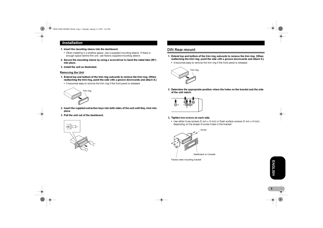 Pioneer DEH-3900MP operation manual DIN Rear-mount, Removing the Unit, Insert the mounting sleeve into the dashboard 