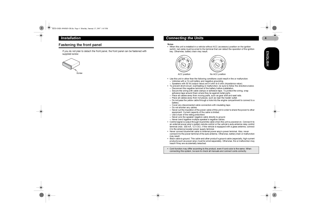 Pioneer DEH-3900MP operation manual Fastening the front panel, Connecting the Units 