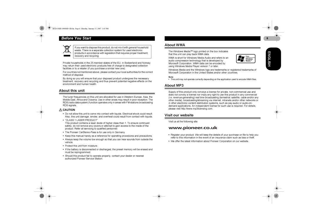 Pioneer DEH-3900MP operation manual Before You Start, About this unit, About WMA, About MP3 Visit our website 