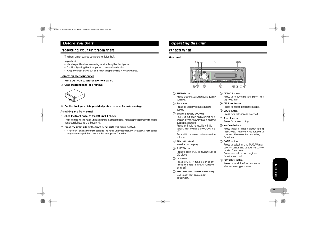 Pioneer DEH-3900MP operation manual Protecting your unit from theft, Operating this unit, What’s What 