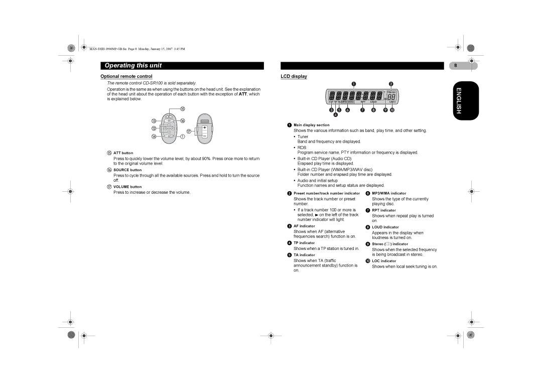 Pioneer DEH-3900MP operation manual Optional remote control, LCD display 