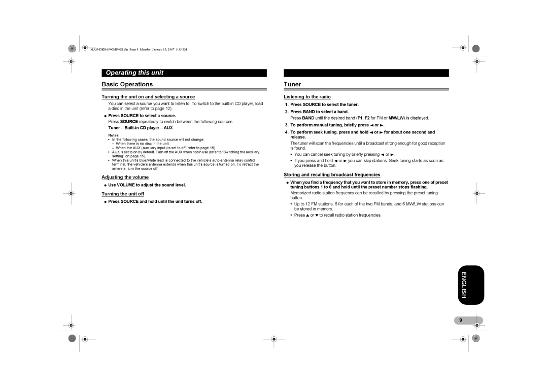 Pioneer DEH-3900MP operation manual Basic Operations, Tuner 