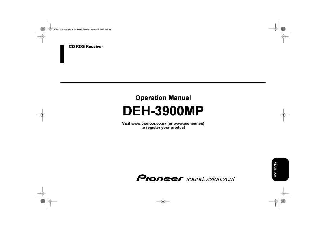 Pioneer DEH-3900MP operation manual to register your product, English, Operation Manual, CD RDS Receiver 