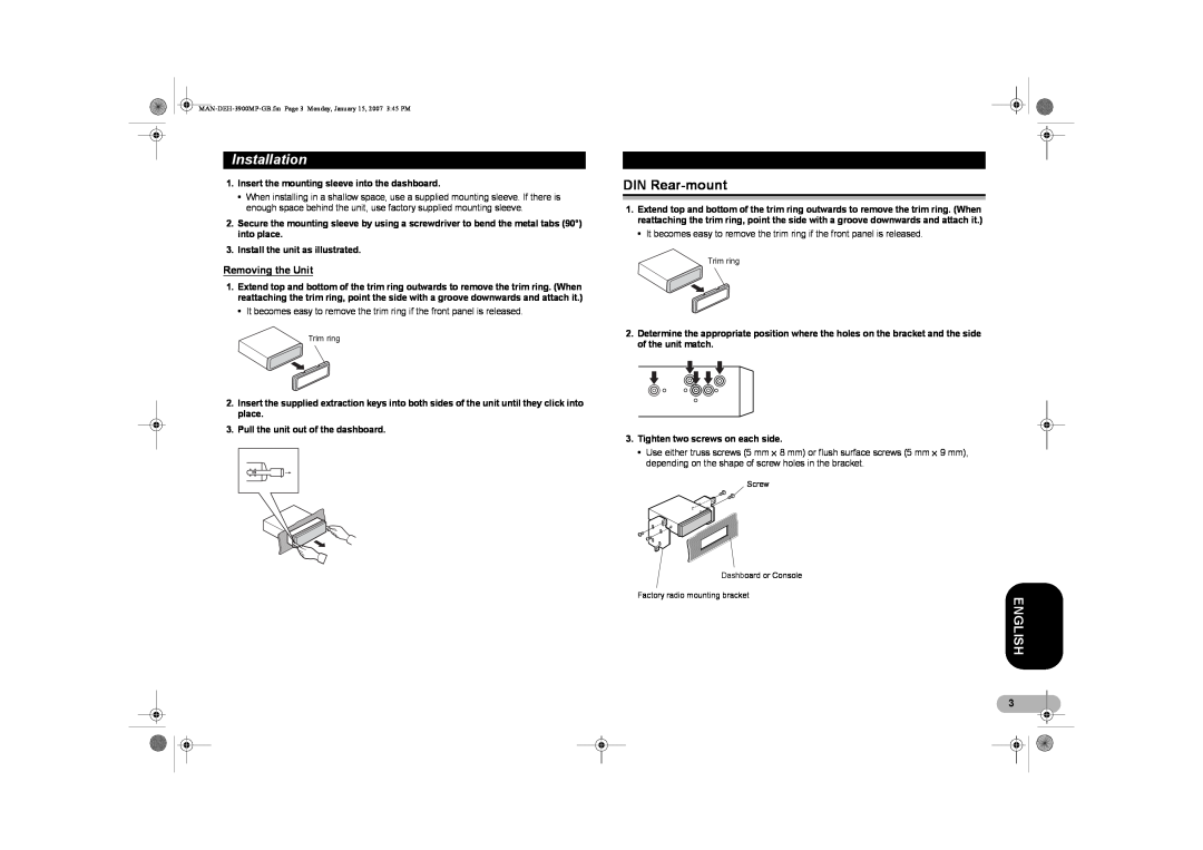 Pioneer DEH-3900MP operation manual DIN Rear-mount, Removing the Unit, Installation, English 