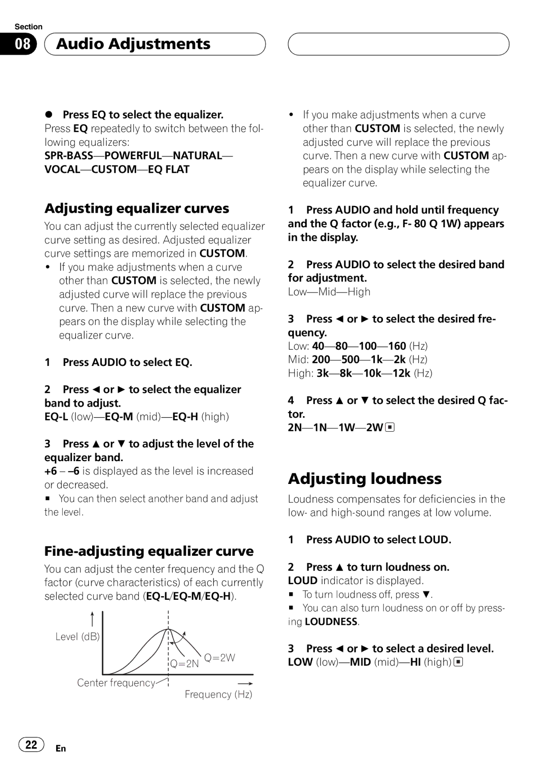 Pioneer DEH-4700MPB operation manual Level dB =2N Q=2W Center frequency Frequency Hz 