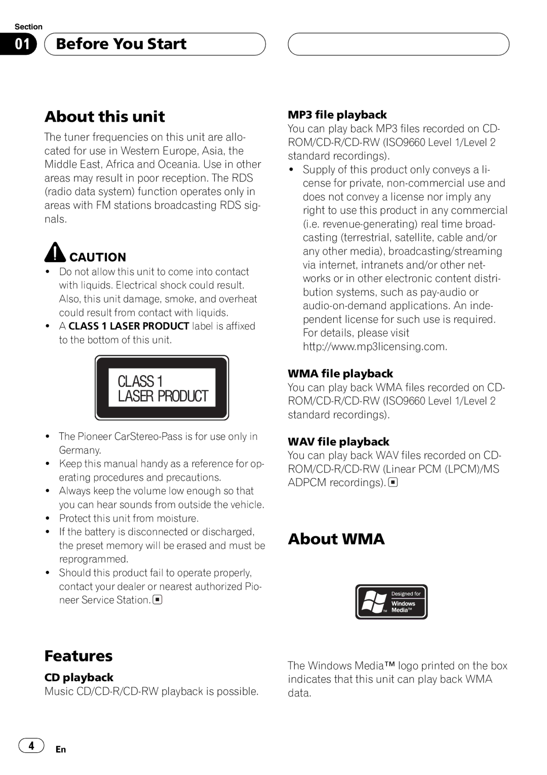 Pioneer DEH-4700MPB operation manual Class Laser Product 