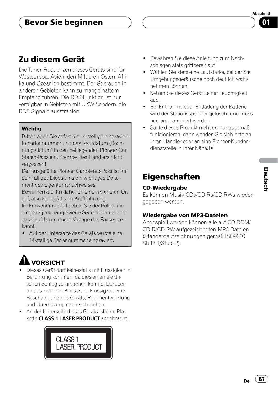 Pioneer DEH-4700MPB operation manual Class Laser Product 