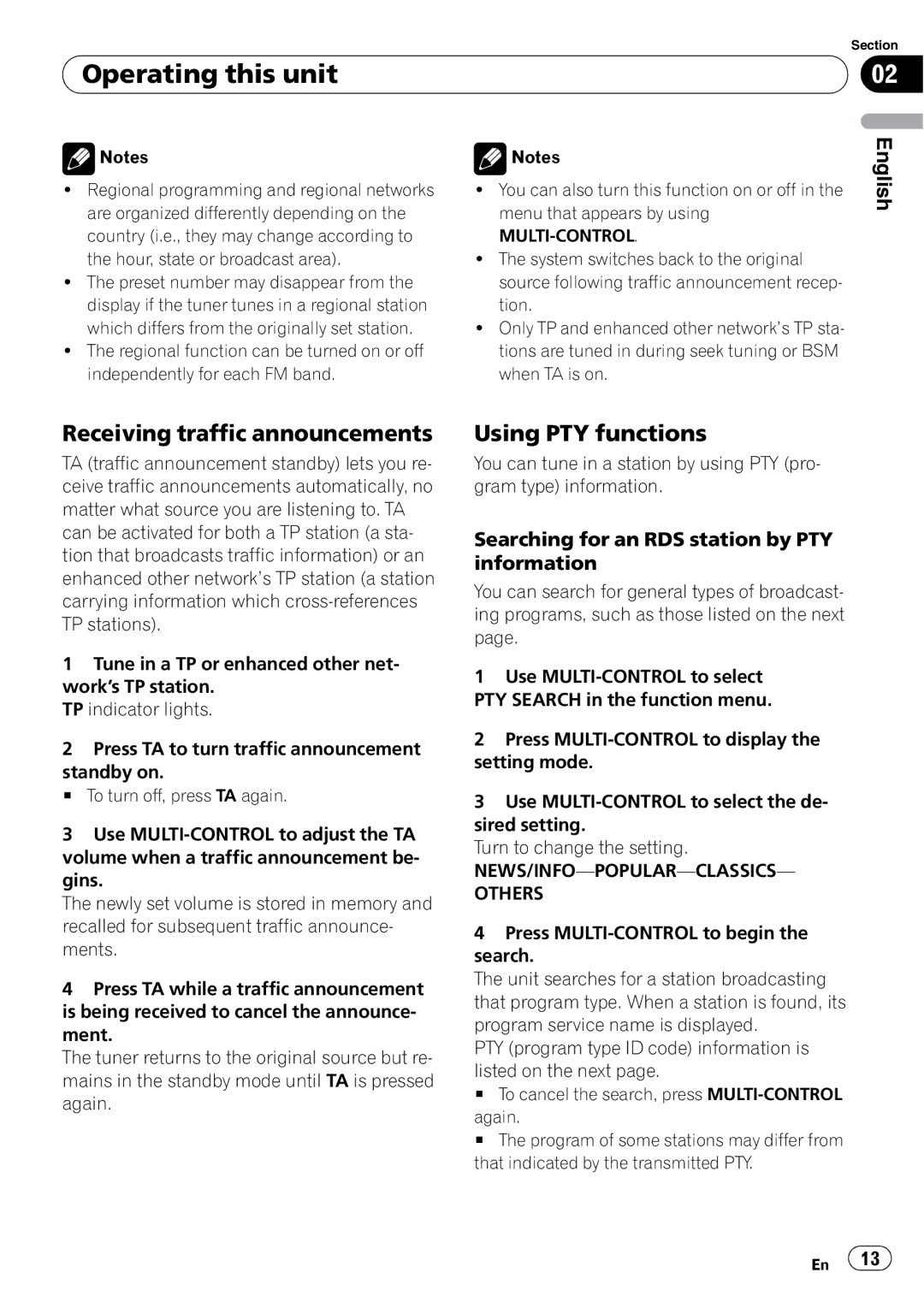 Pioneer DEH-4000UB Receiving traffic announcements, Using PTY functions, Searching for an RDS station by PTY information 