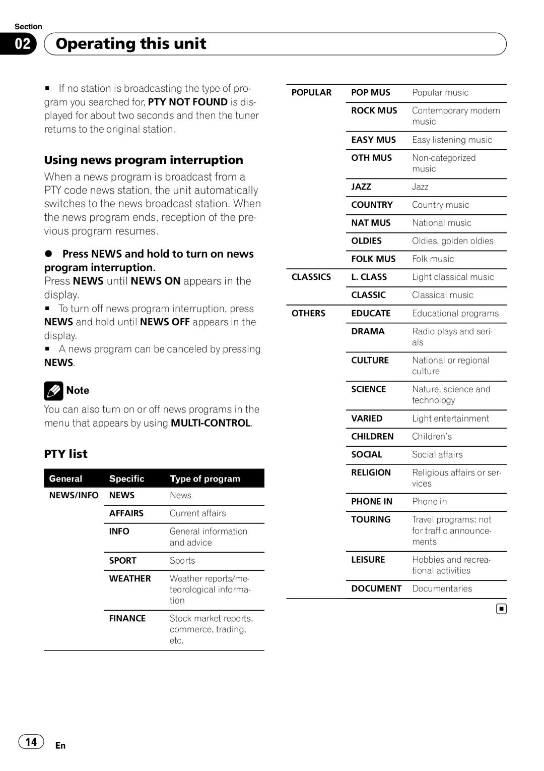 Pioneer DEH-5000UB, DEH-4000UB operation manual Using news program interruption, PTY list 