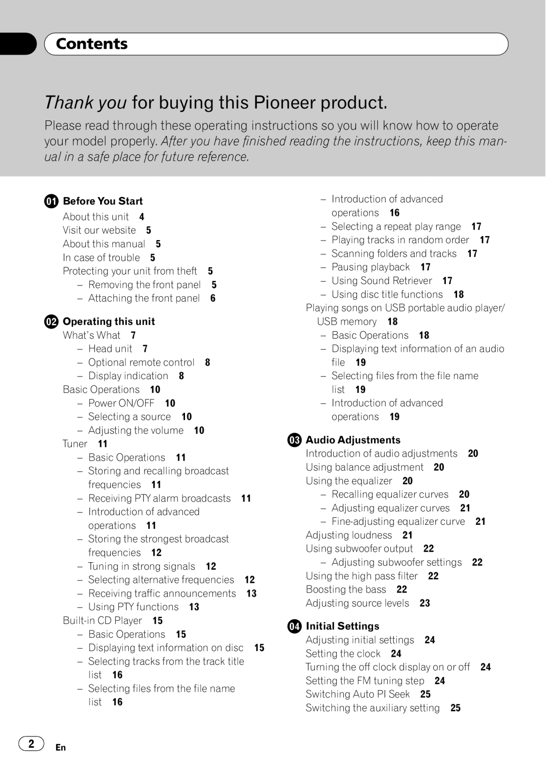 Pioneer DEH-5000UB, DEH-4000UB operation manual Thank you for buying this Pioneer product, Contents 
