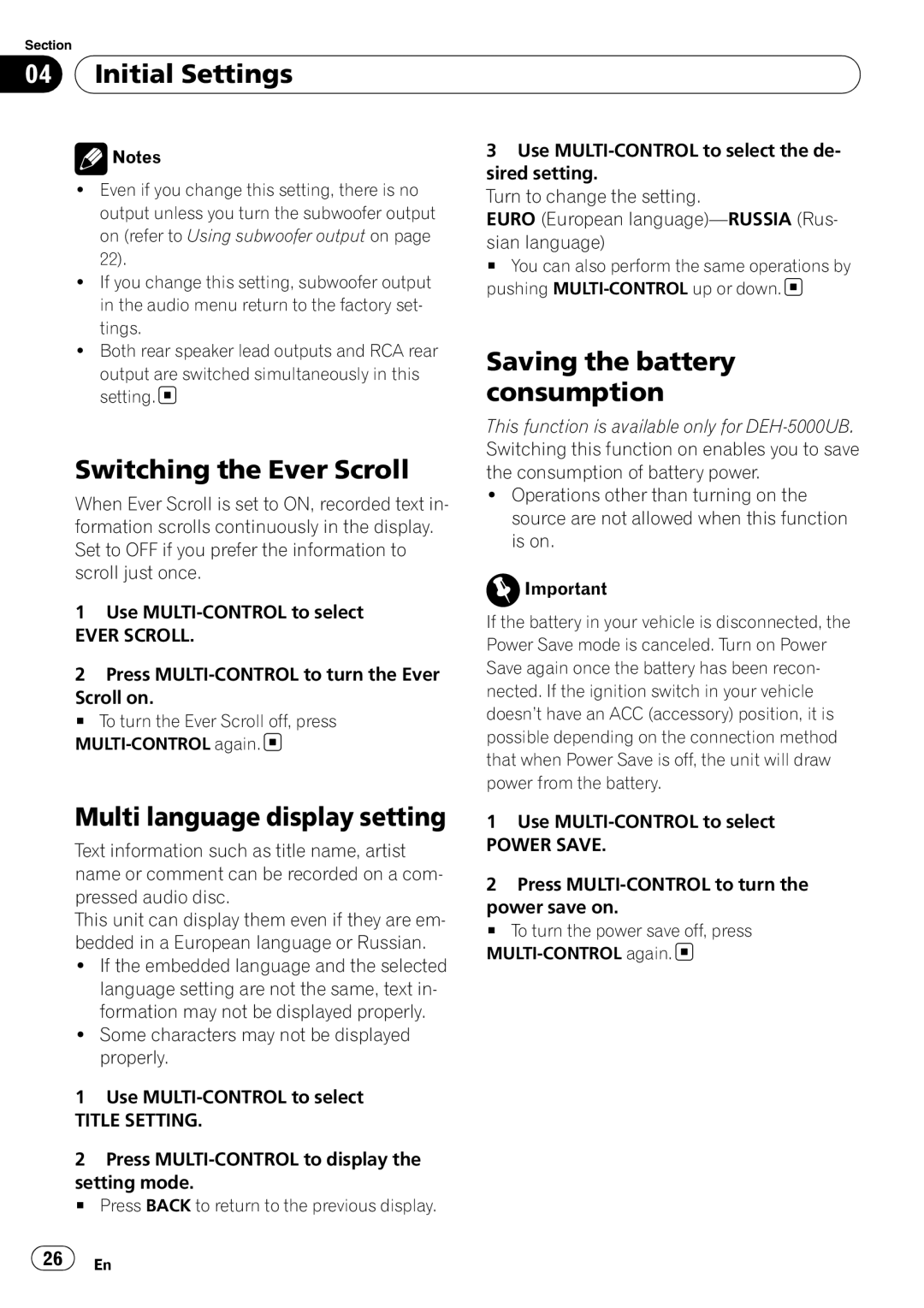 Pioneer DEH-5000UB, DEH-4000UB Switching the Ever Scroll, Saving the battery consumption, Multi language display setting 
