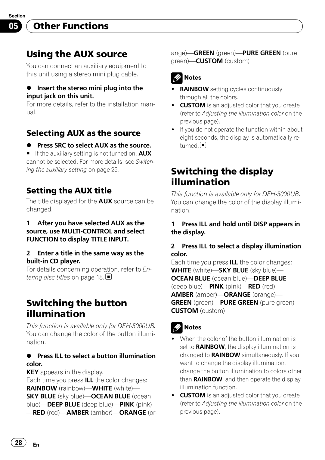 Pioneer DEH-5000UB, DEH-4000UB operation manual Other Functions Using the AUX source, Switching the display, Illumination 