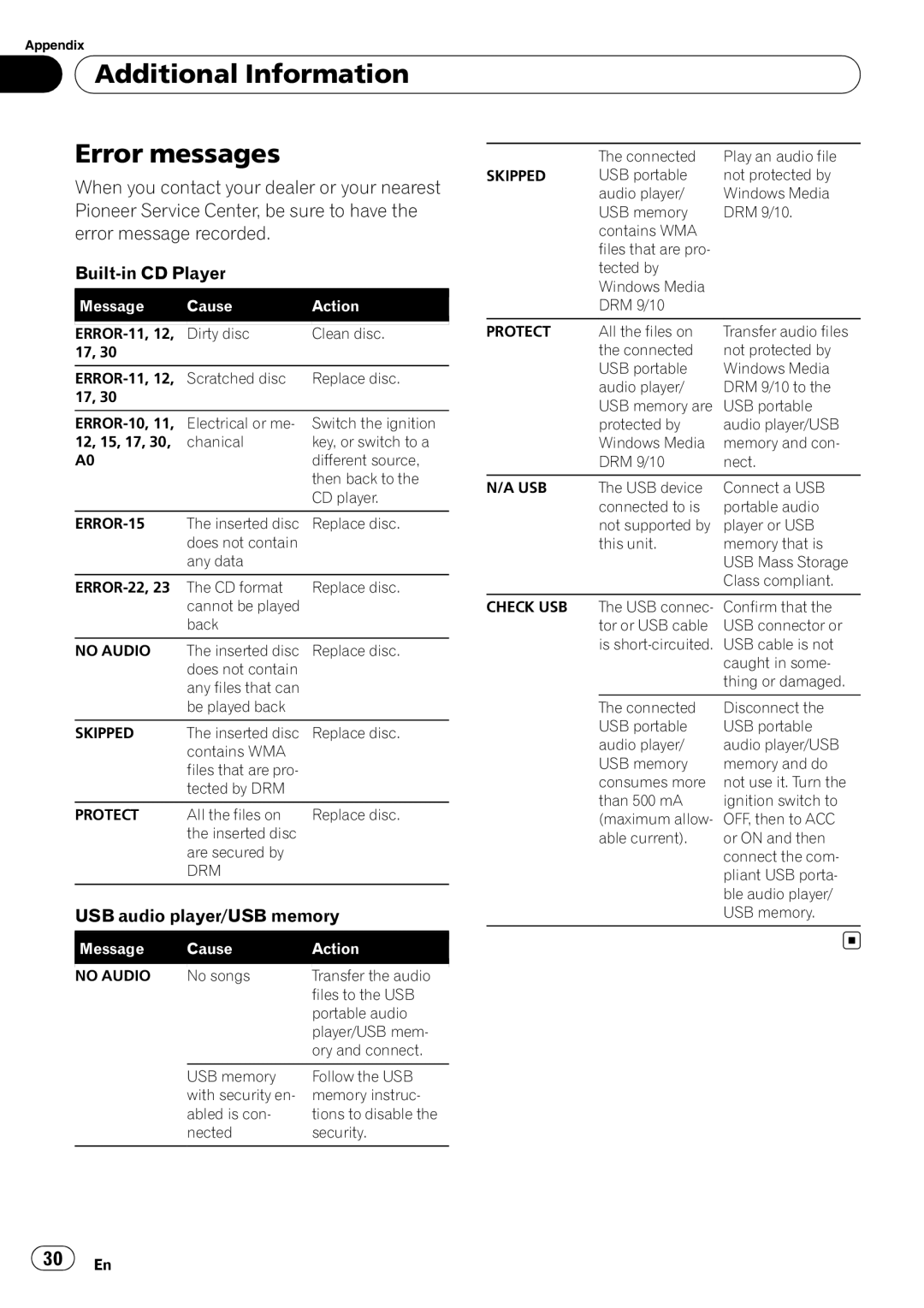 Pioneer DEH-5000UB, DEH-4000UB operation manual Additional Information Error messages, Protect 