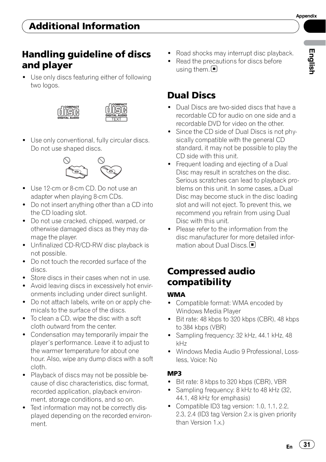 Pioneer DEH-4000UB, DEH-5000UB operation manual Dual Discs, Compressed audio compatibility, Wma, MP3 