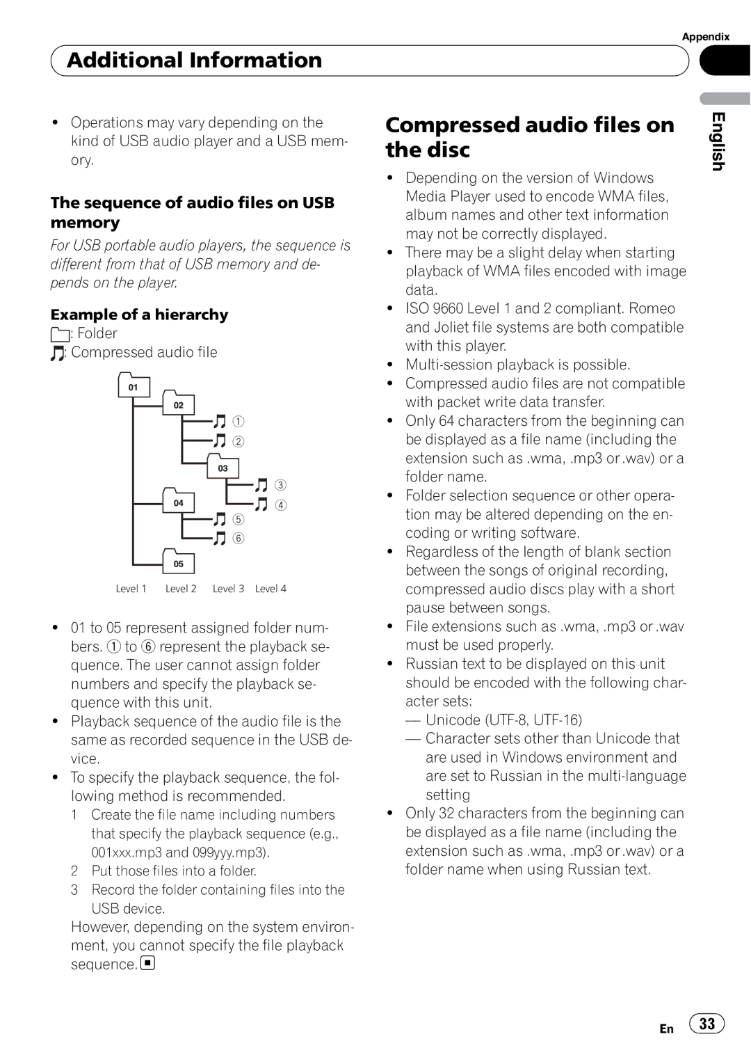 Pioneer DEH-4000UB, DEH-5000UB operation manual Compressed audio files on the disc, Sequence of audio files on USB memory 