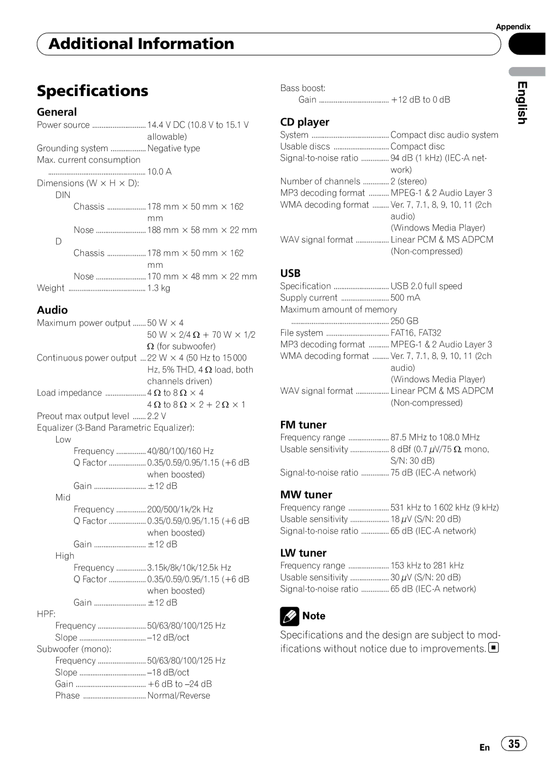 Pioneer DEH-4000UB, DEH-5000UB operation manual Additional Information Specifications, Usb 