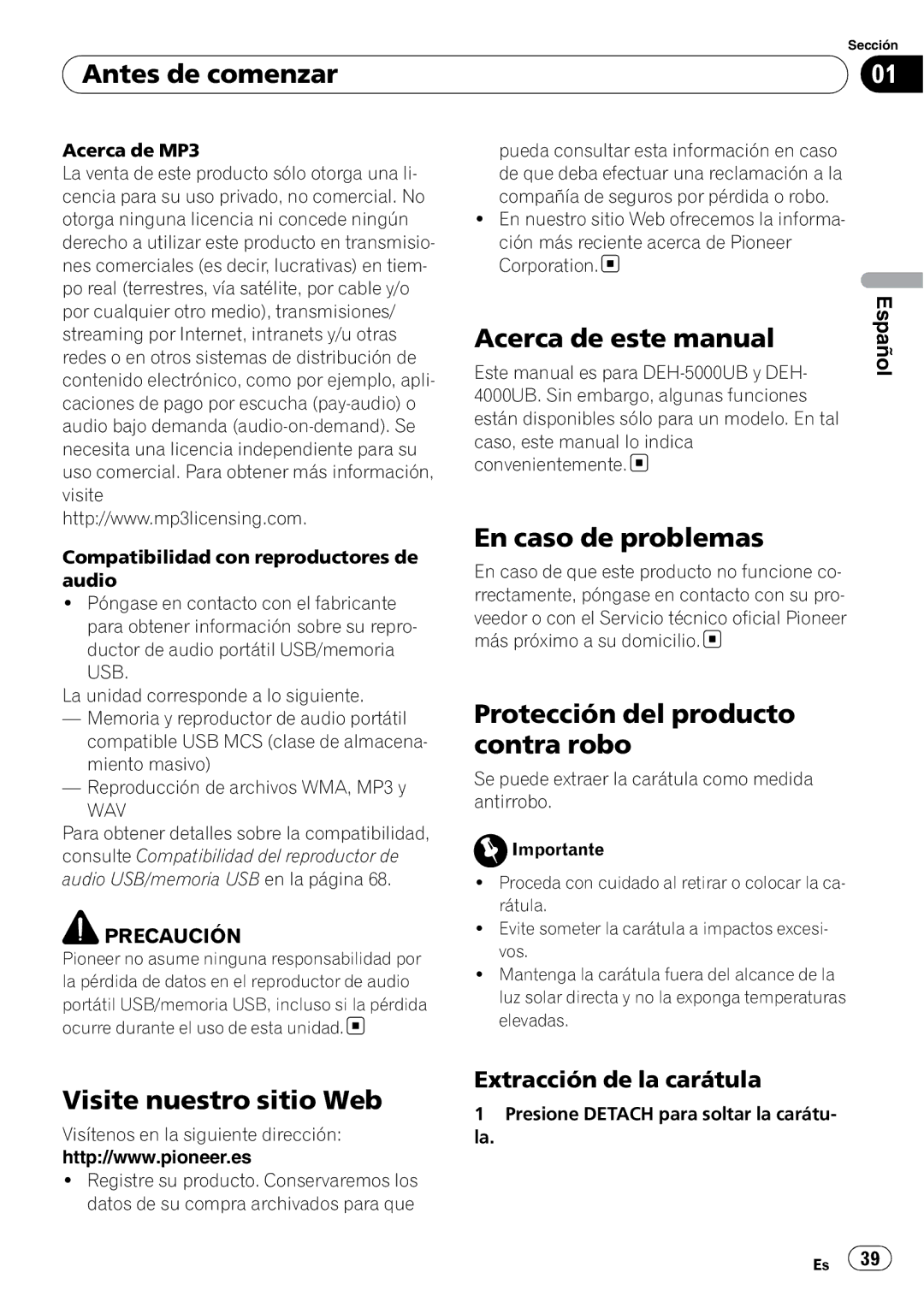 Pioneer DEH-4000UB, DEH-5000UB Acerca de este manual, En caso de problemas, Protección del producto contra robo 