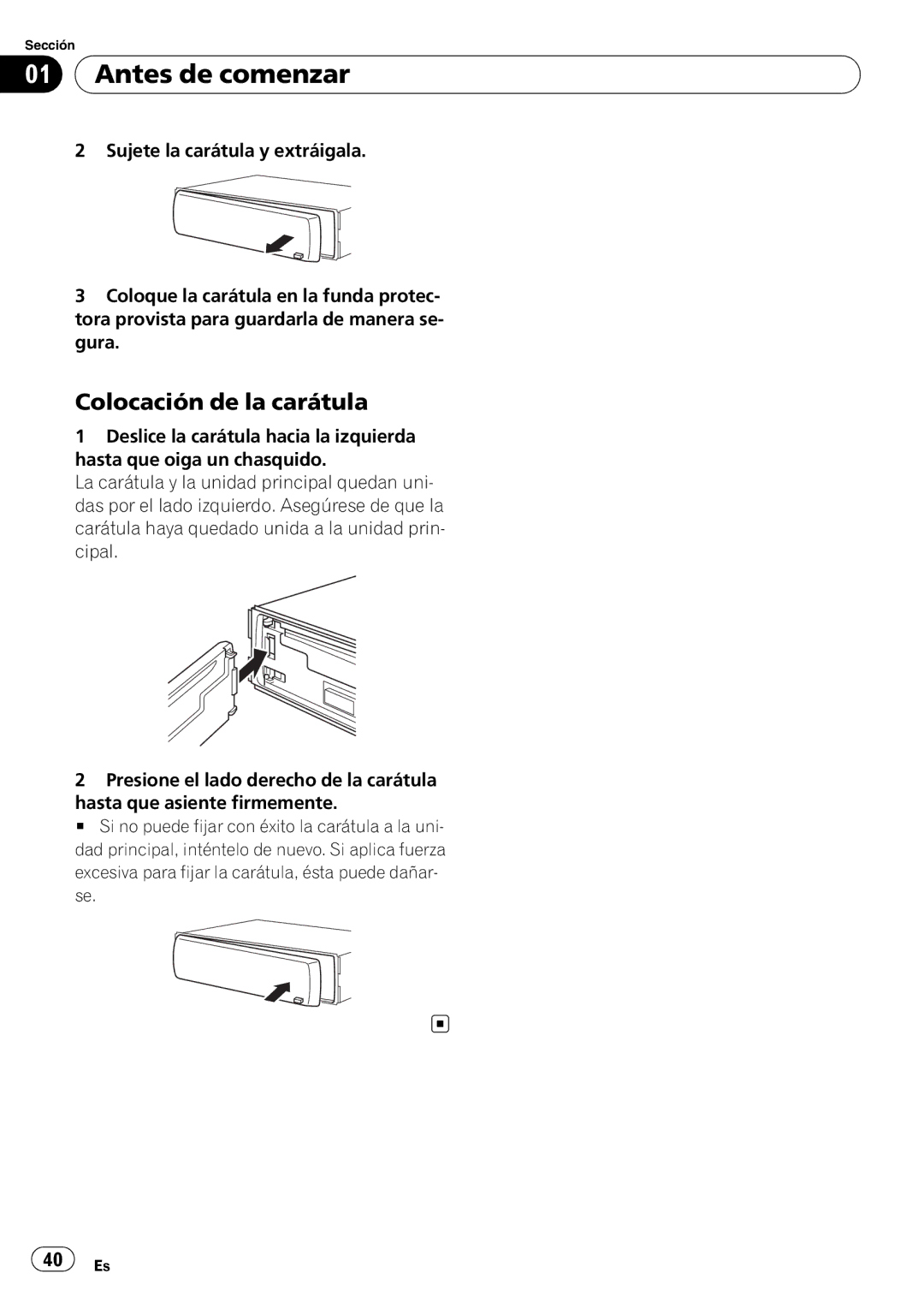 Pioneer DEH-5000UB, DEH-4000UB operation manual Colocación de la carátula 