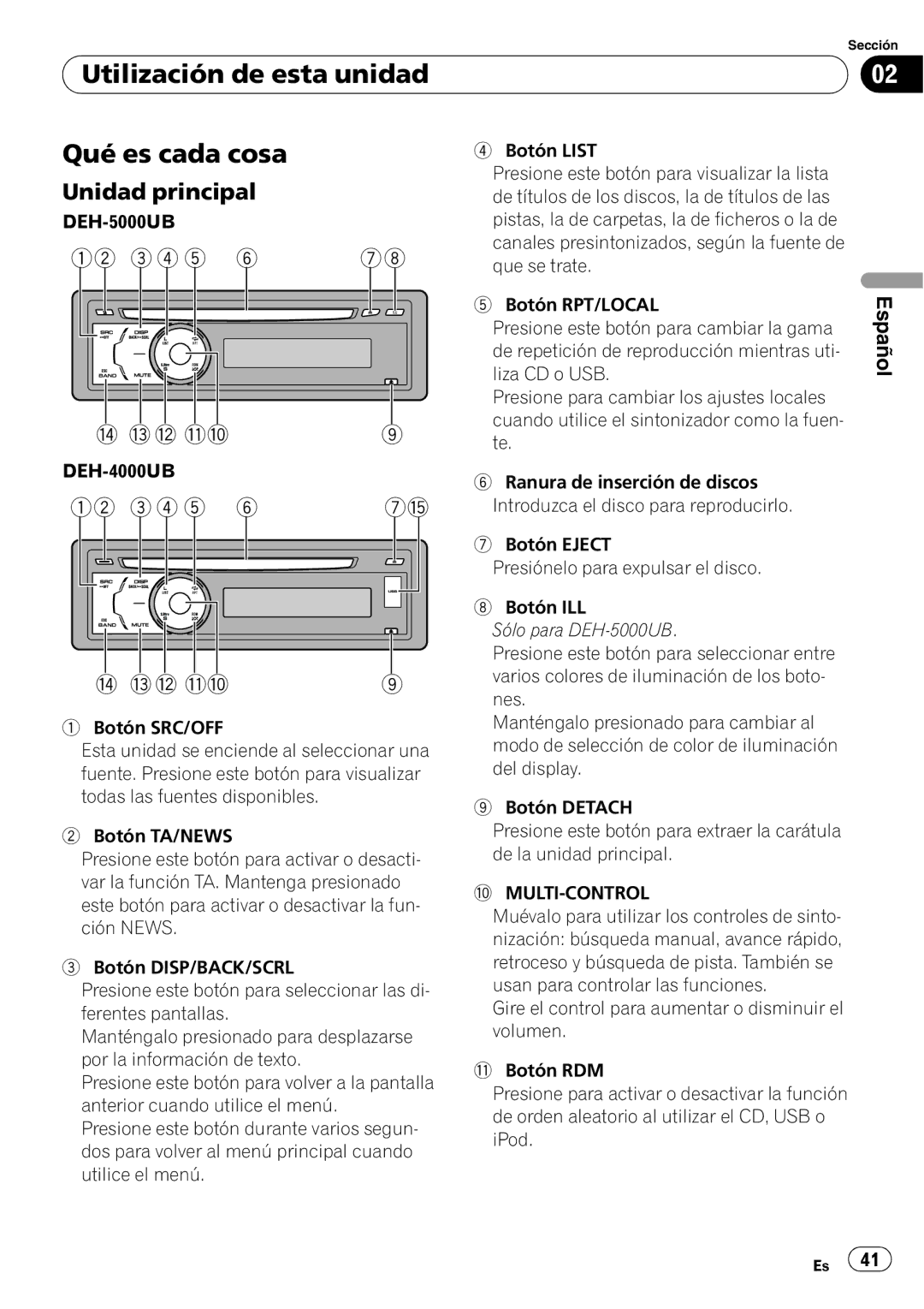 Pioneer DEH-4000UB, DEH-5000UB operation manual Utilización de esta unidad Qué es cada cosa, Unidad principal 