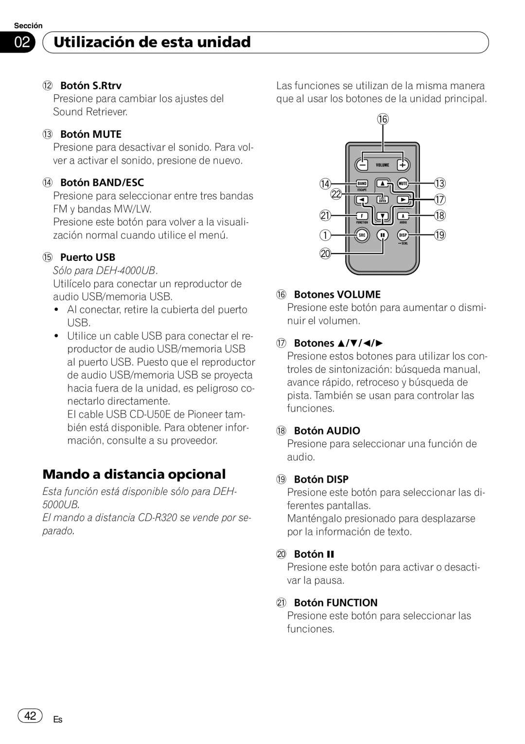 Pioneer DEH-5000UB, DEH-4000UB operation manual Utilización de esta unidad, Mando a distancia opcional 