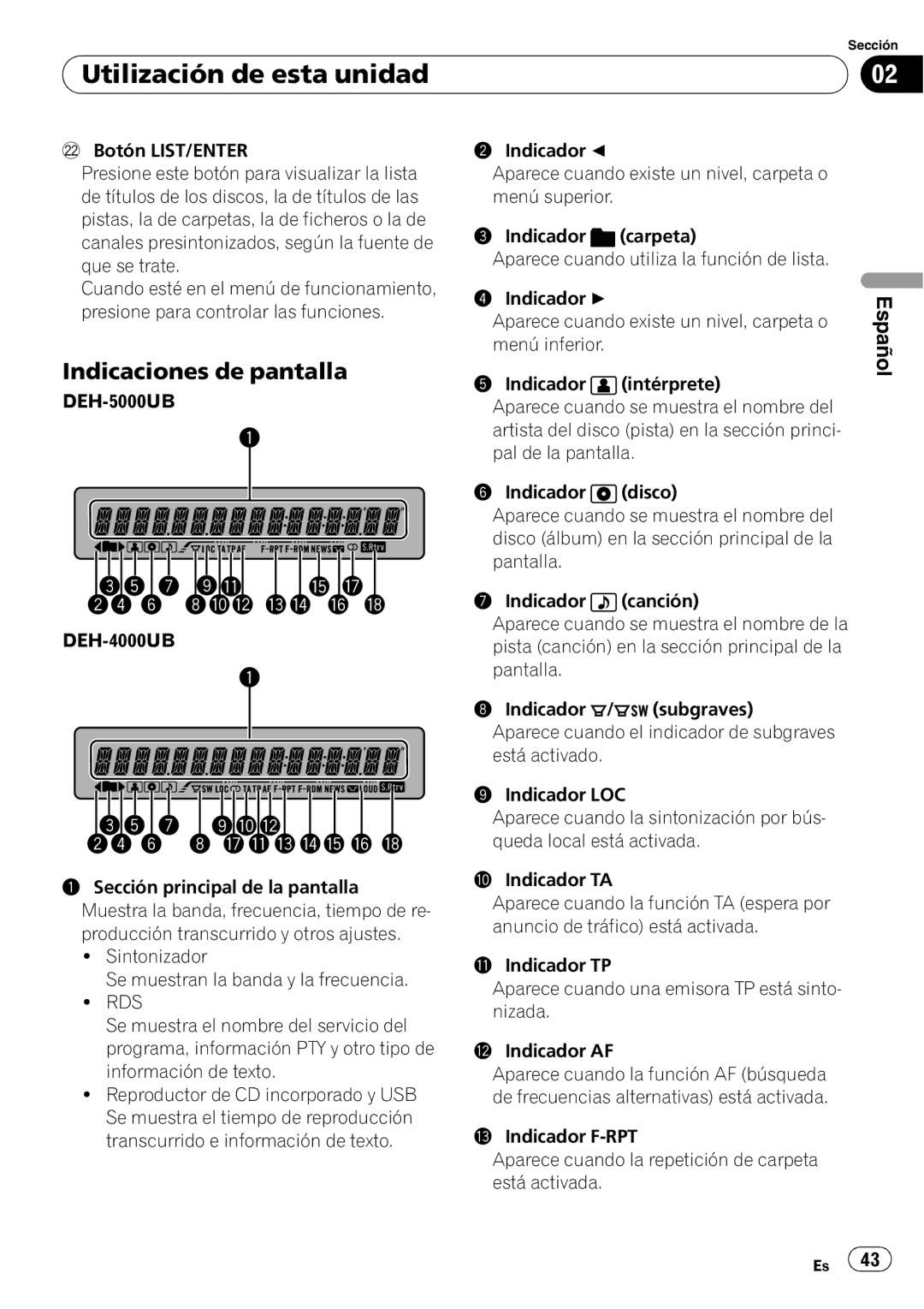 Pioneer DEH-4000UB, DEH-5000UB operation manual Indicaciones de pantalla, Rds 