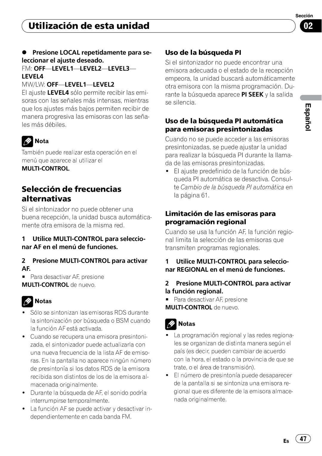 Pioneer DEH-4000UB, DEH-5000UB operation manual Selección de frecuencias alternativas, Uso de la búsqueda PI 