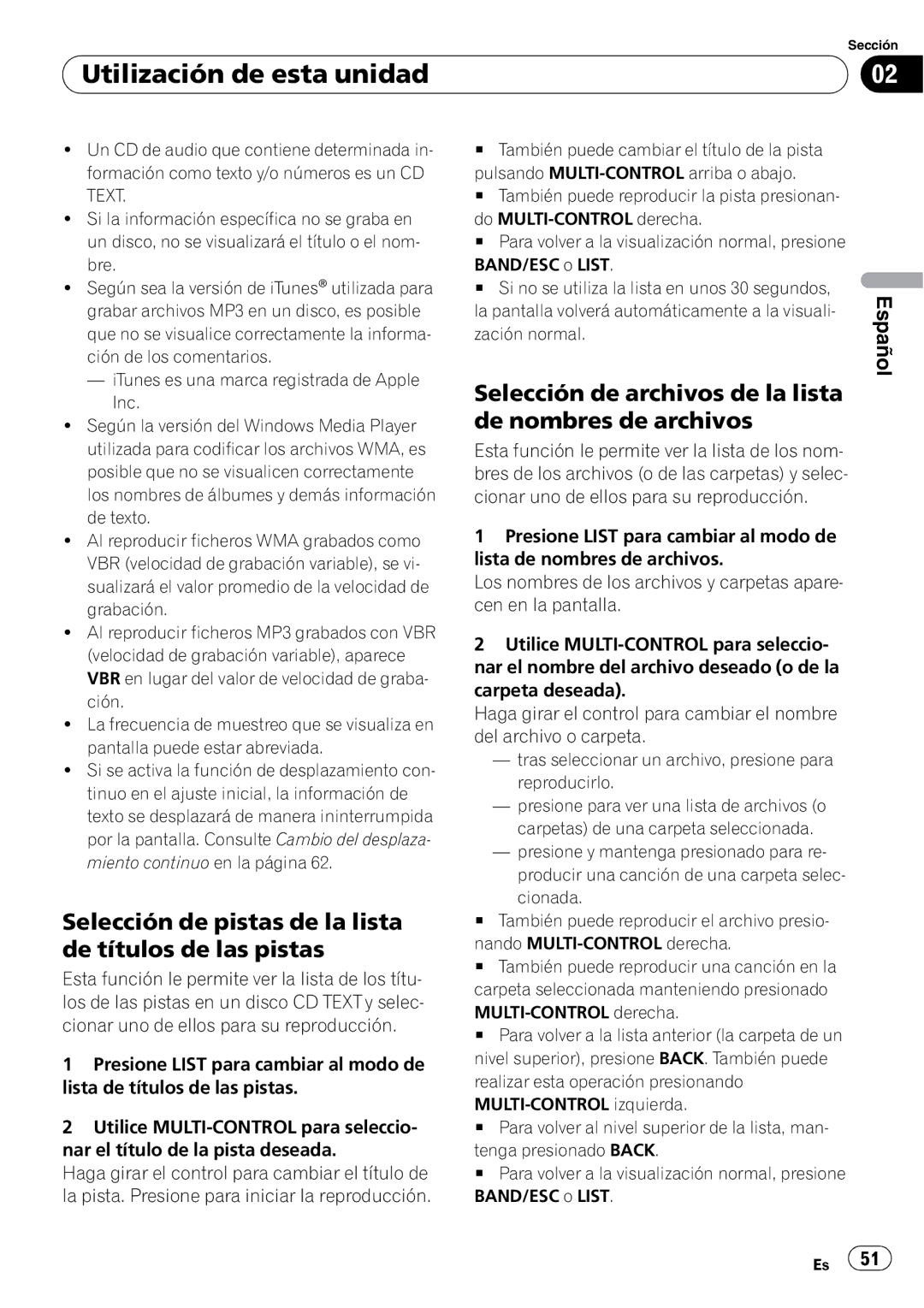 Pioneer DEH-4000UB, DEH-5000UB operation manual Selección de pistas de la lista de títulos de las pistas 