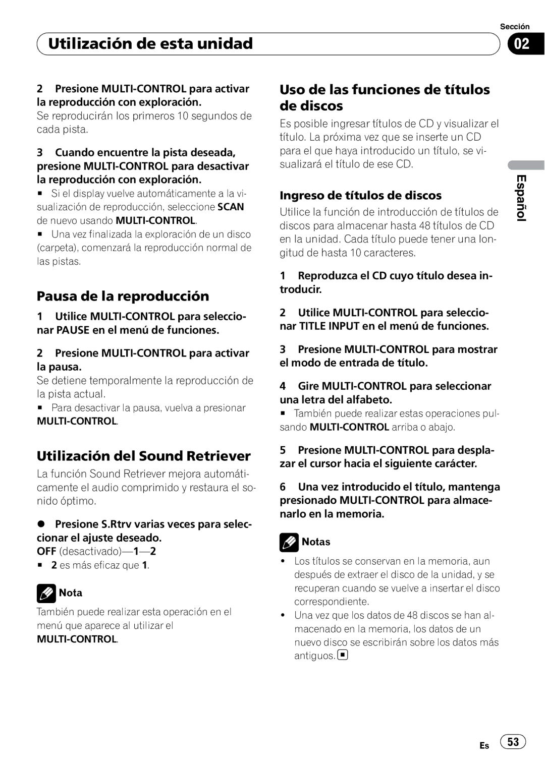 Pioneer DEH-4000UB Pausa de la reproducción, Utilización del Sound Retriever, Uso de las funciones de títulos de discos 