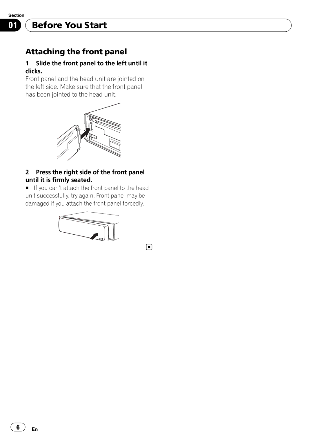 Pioneer DEH-5000UB, DEH-4000UB operation manual Attaching the front panel 