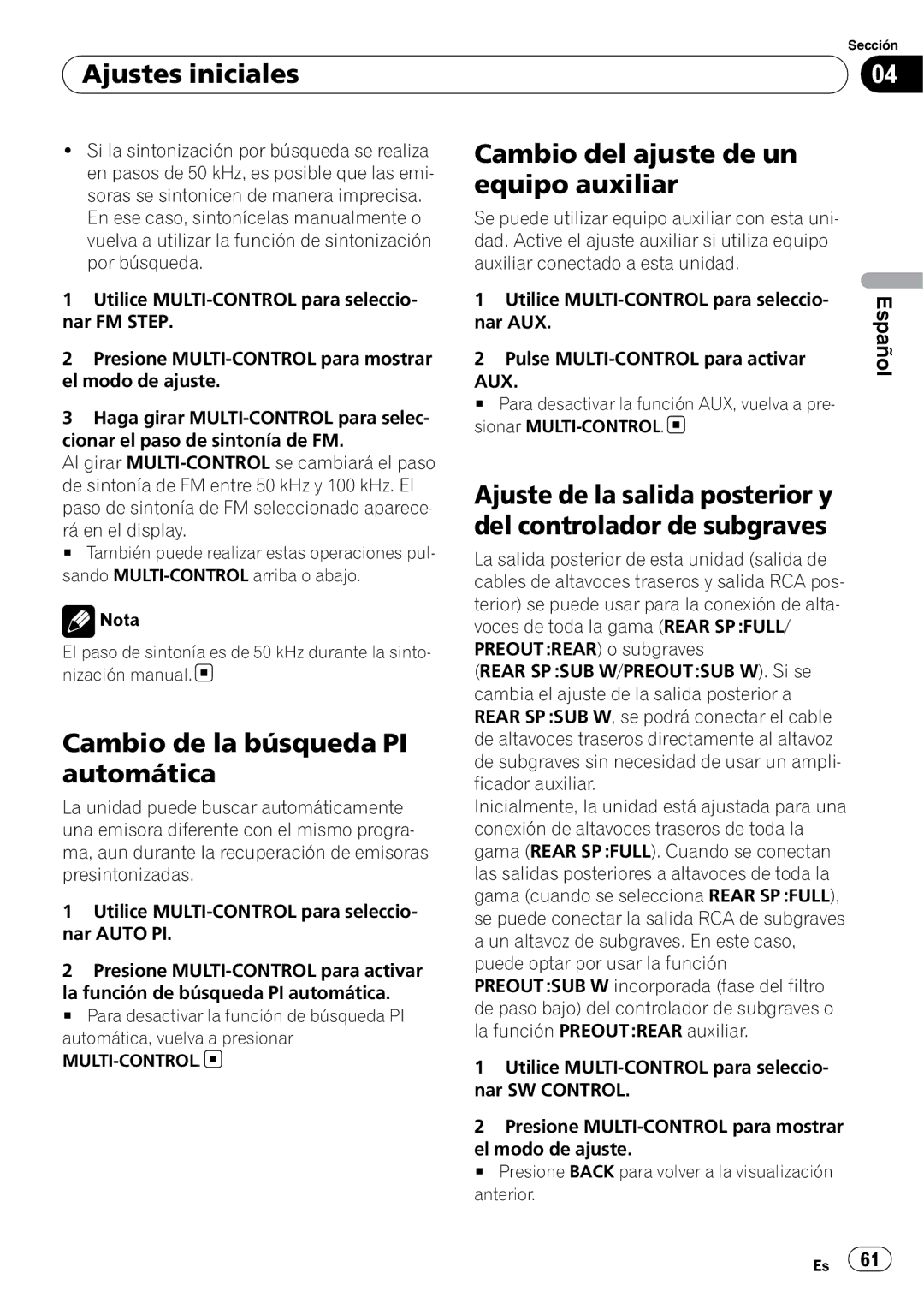 Pioneer DEH-4000UB, DEH-5000UB Cambio de la búsqueda PI automática, Cambio del ajuste de un equipo auxiliar, Aux 