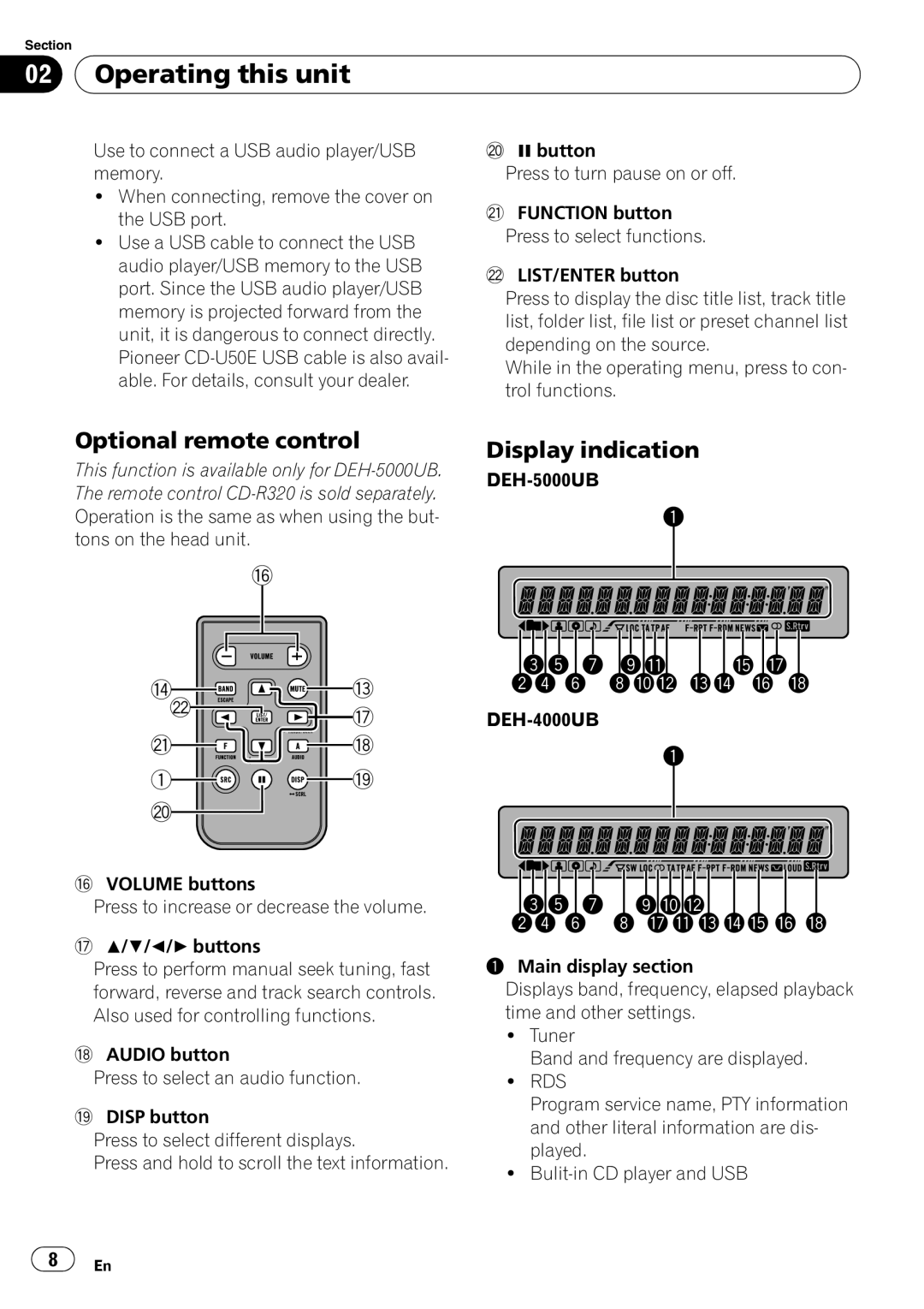 Pioneer DEH-5000UB, DEH-4000UB operation manual Operating this unit, Optional remote control, Display indication, Rds 