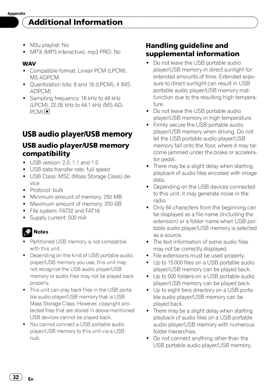 Pioneer DEH-5000UB USB audio player/USB memory compatibility, Handling guideline and supplemental information 